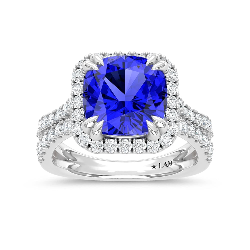 14K White Gold Lab Grown Diamond 6 5/8 Ct.Tw. Cushion Shape Recrystalized Blue Sapphire Engagement: 14K White Gold Lab Grown Diamond 6 5/8 Ct.Tw. Cushion Shape Recrystalized Blue Sapphire Engagement Ring (Center 5 3/4 ct) Make a statement of timeless elegance with this 14K white gold engagement ring