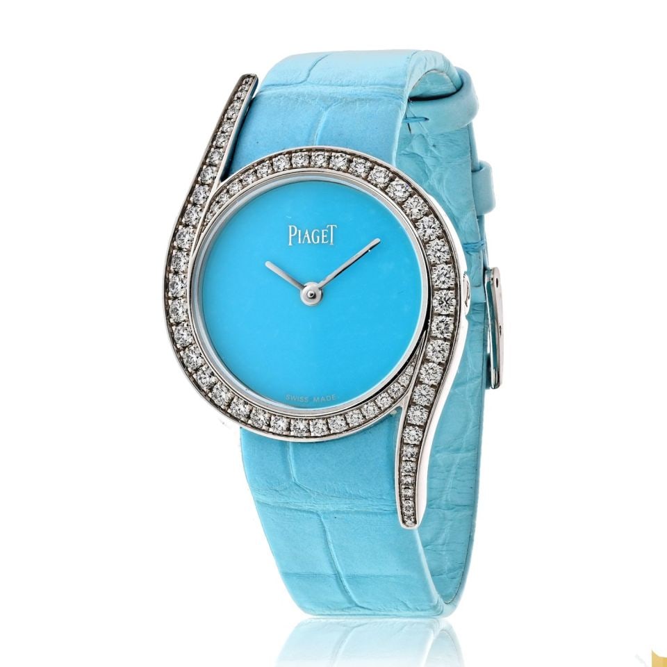 Piaget Limelight Gala 18K White Gold Turquoise Diamond Watch 32mm: Piaget Limelight Gala 18K White Gold Turquoise Diamond Watch 32mm This exquisite Piaget Limelight Gala watch combines elegance with luxury, featuring a stunning 32mm case crafted from 18K white gold w