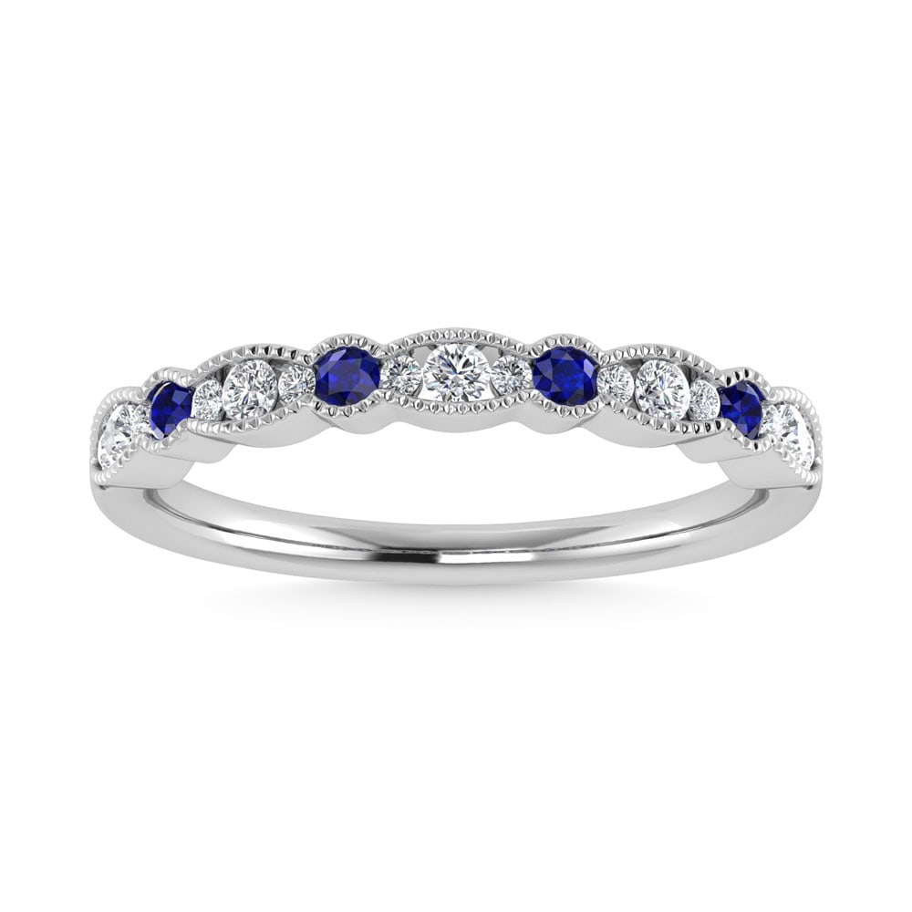 14K White Gold 1/4 Ct.Tw. Diamond and Blue Sapphire Stackable Band: 14K White Gold 1/4 Ct.Tw. Diamond and Blue Sapphire Stackable Band 14k White Gold Stone Color: G-h Stone Clarity: Aaa / Si3 This item may take 2-5 weeks for shipping. PLEASE NOTE: Framed, Large, or he