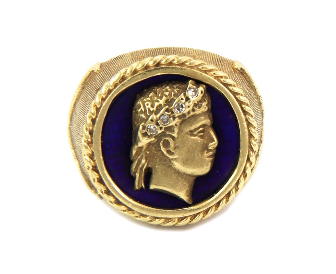 Estate 14k Yellow Gold Julius Caesar Cameo Ring with Blue Enamel and Diamonds: Estate 14k Yellow Gold Julius Caesar Cameo Ring with Blue Enamel and Diamonds This exquisite estate ring is meticulously crafted from 14k yellow gold, featuring a striking round top adorned with blue