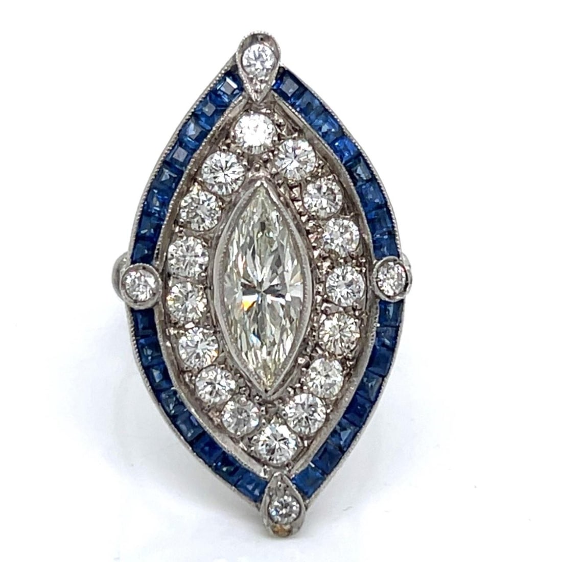 Platinum Ring with Marquise Diamond Center and Sapphire Accents Size 7.5: Platinum Ring with Marquise Diamond Center and Sapphire Accents Size 7.5 This platinum ring features a marquise-cut diamond at the center, approximately 1.70 carats. It is accented by 20 additional di