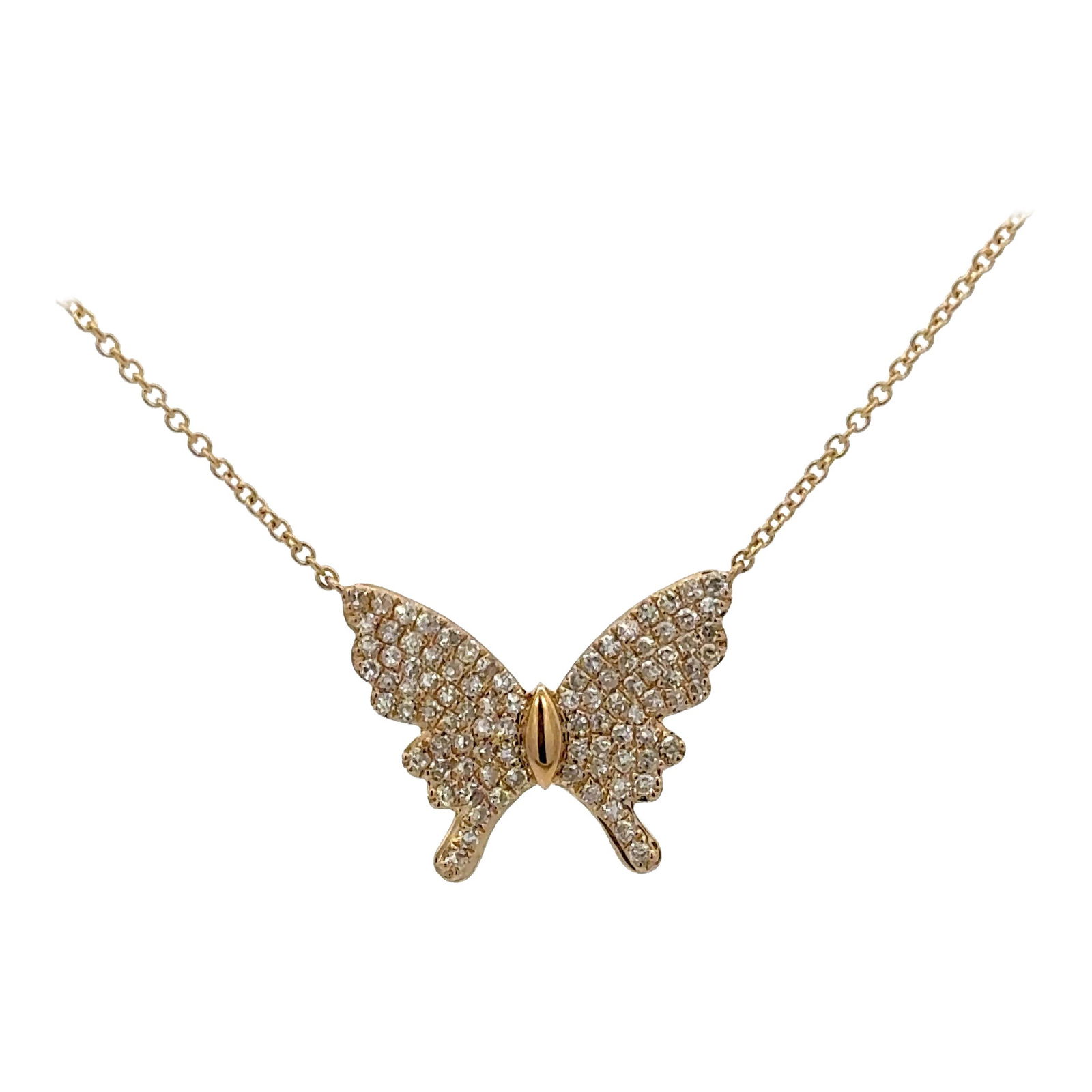 14K Yellow Gold Diamond Butterfly Pendant Necklace 0.35 Carats: 14K Yellow Gold Diamond Butterfly Pendant Necklace 0.35 Carats This exquisite Diamond Butterfly Pendant Necklace features a captivating butterfly motif crafted in fine 14K yellow gold. Adorned with 92