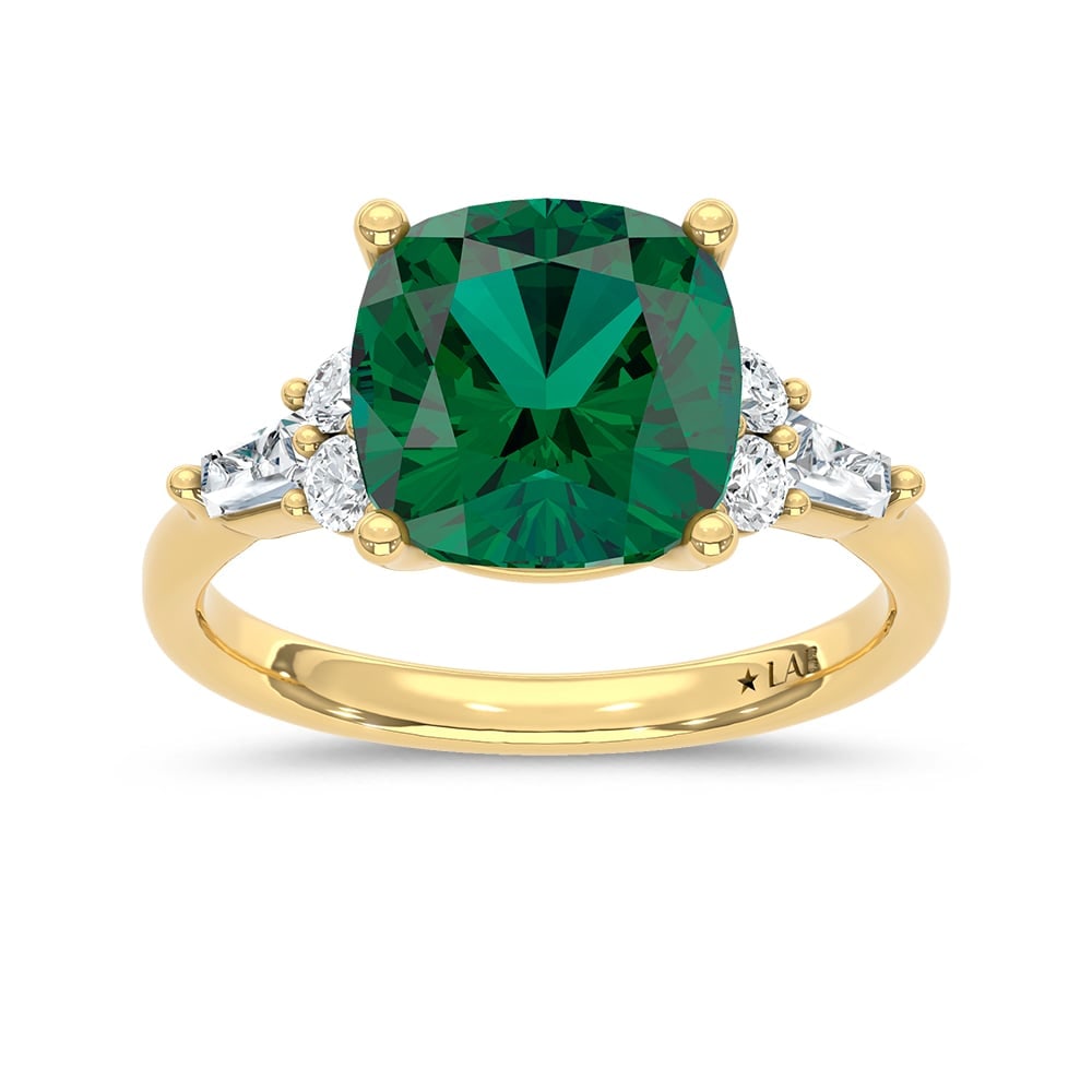 14K Yellow Gold Lab Grown Diamond 3 1/3 Ct.Tw. Cushion Shape Recrystalized Emerald Engagement Ring: 14K Yellow Gold Lab Grown Diamond 3 1/3 Ct.Tw. Cushion Shape Recrystalized Emerald Engagement Ring (Center 3 ct) Celebrate refined elegance with this 14K yellow gold engagement ring, featuring a lumin