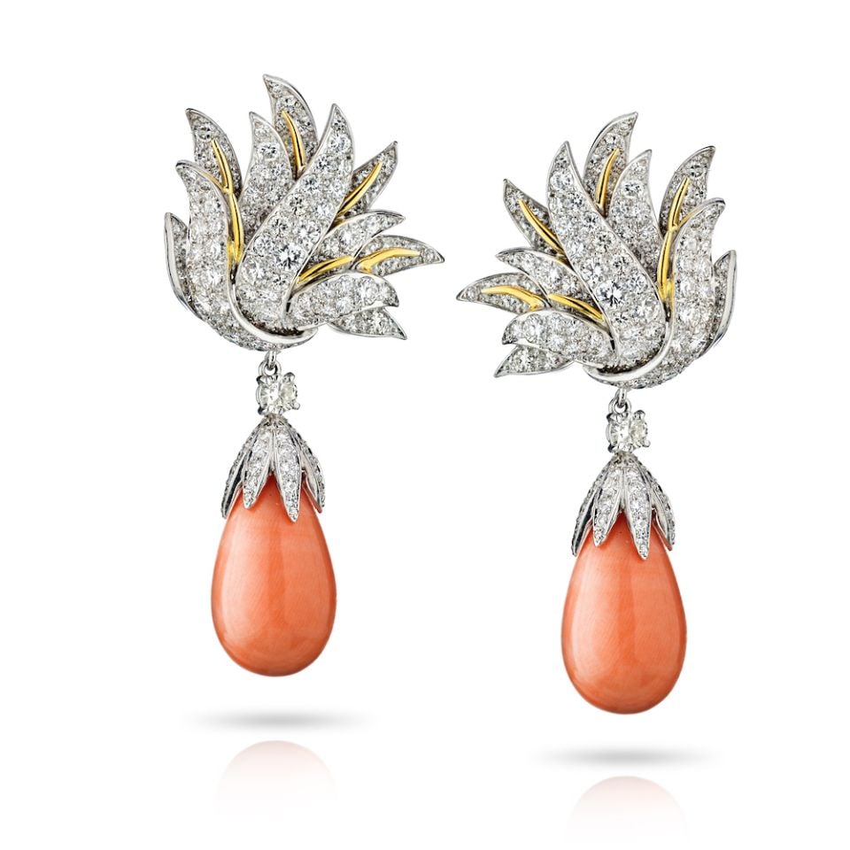 Platinum 18K White Gold Diamond Coral Drop Earrings 7 Cts: Platinum 18K White Gold Diamond Coral Drop Earrings 7 Cts Elevate your elegance with these stunning earrings, expertly crafted in a combination of platinum and 18K white gold. Featuring an approximate