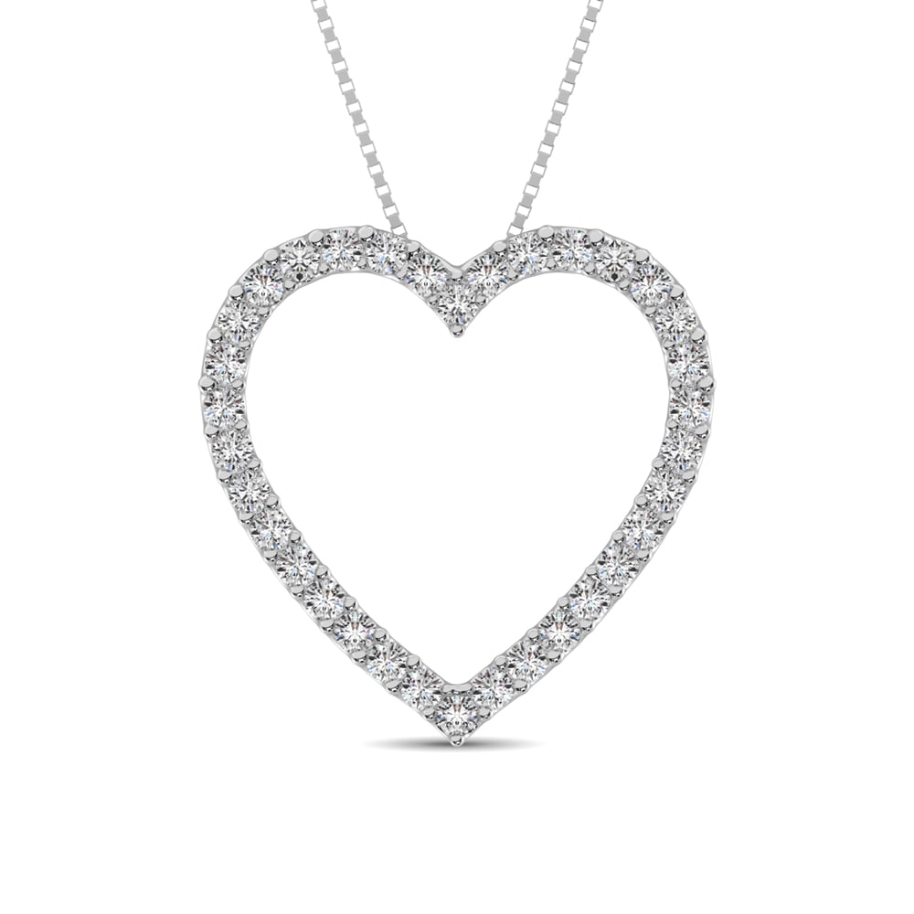 10K White Gold Diamond 1/2 Ct.Tw. Heart Pendant: 10K White Gold Diamond 1/2 Ct.Tw. Heart Pendant This eye-catching pendant is available in 10K White Gold. There are 34 round diamonds with a total carat weight of 1/2 Ct.Tw. set in a Prong setting. 10