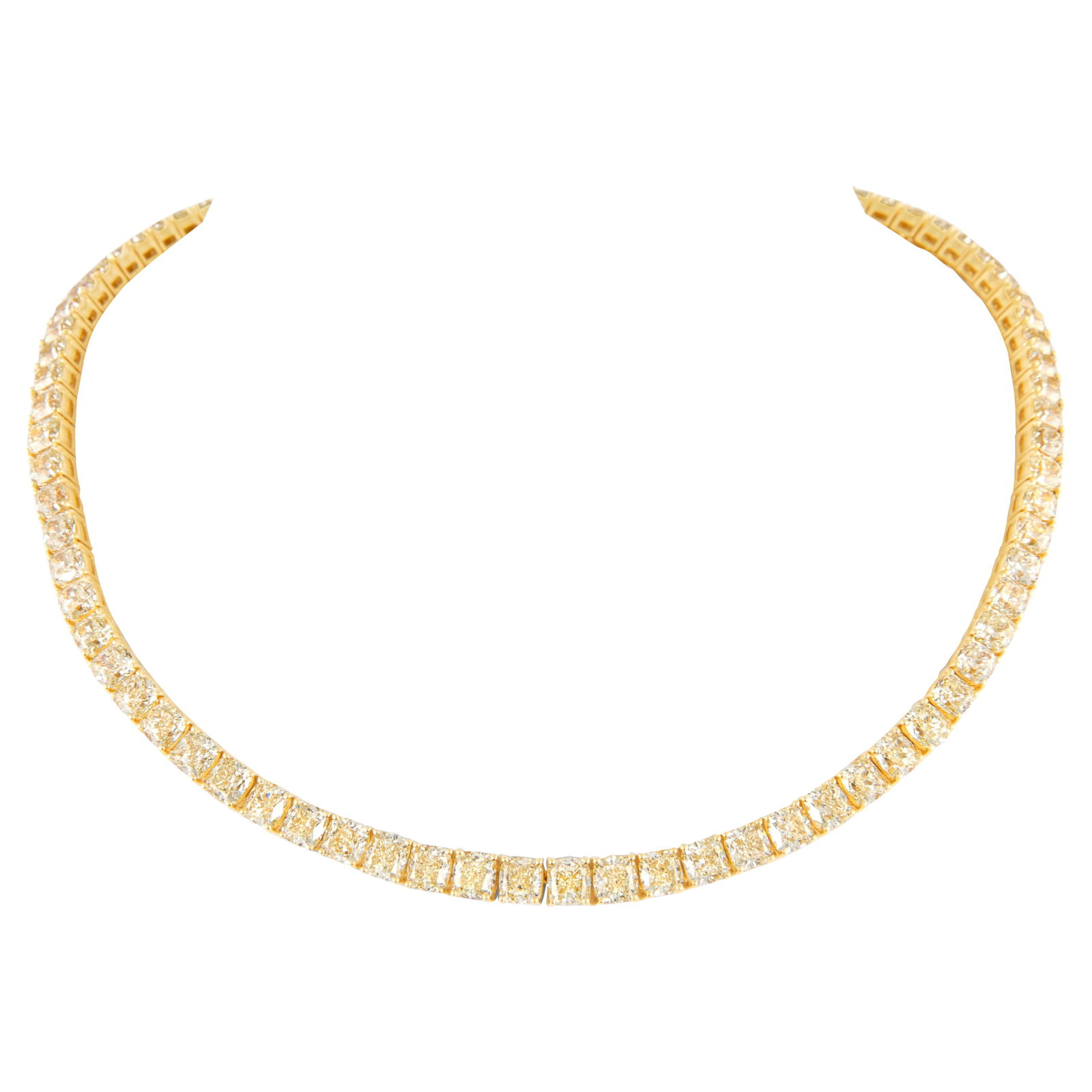 50.65ct Fancy Yellow Diamond Tennis Necklace 18k Gold: 50.65ct Fancy Yellow Diamond Tennis Necklace 18k Gold This stunning 50.65ct Yellow Diamond Tennis Necklace features a contemporary design crafted from luxurious 18k yellow gold. The necklace showcases