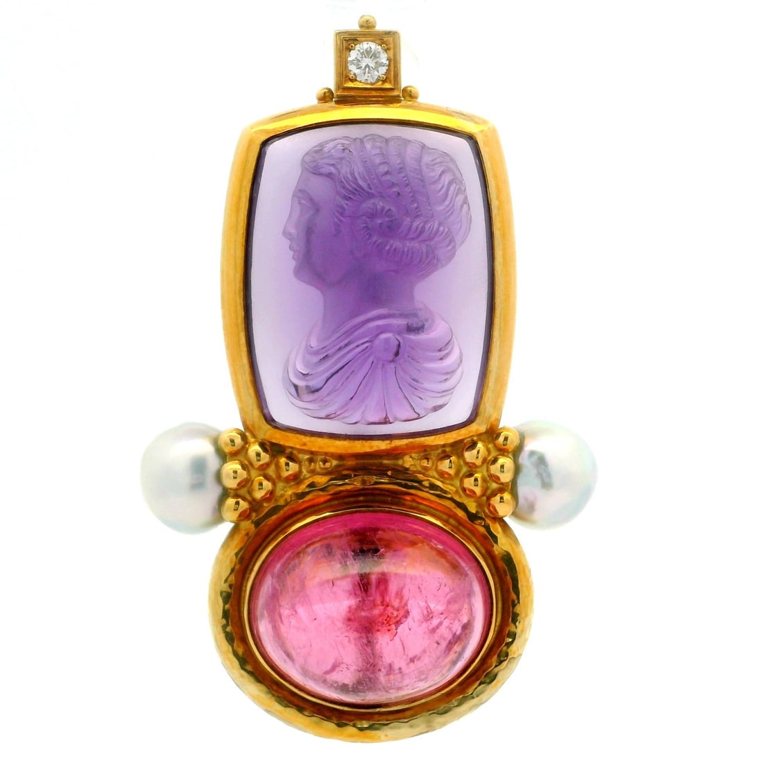 Elizabeth Gage 18k Gold Cameo Amethyst Tourmaline Pearl Diamond Brooch: Elizabeth Gage 18k Gold Cameo Amethyst Tourmaline Pearl Diamond Brooch This exquisite brooch by Elizabeth Gage showcases a stunning combination of natural gemstones set in solid 18k yellow gold. The c