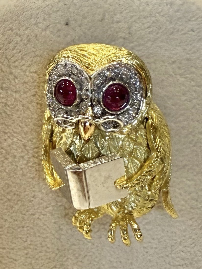 E. Wolfe & Co. 18K Gold Diamond Ruby Owl Brooch: E. Wolfe & Co. 18K Gold Diamond Ruby Owl Brooch Introducing a stunning 18K gold diamond and ruby owl brooch by E. Wolfe & Co. This exquisite piece showcases a captivating design with intricate details