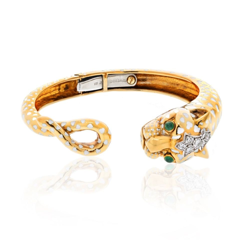 David Webb Vintage Panther Cuff Bracelet Platinum 18K Gold Diamonds: David Webb Vintage Panther Cuff Bracelet Platinum 18K Gold Diamonds Discover the elegance of this vintage David Webb cuff bangle bracelet, crafted from luxurious platinum and 18K yellow gold. This uni