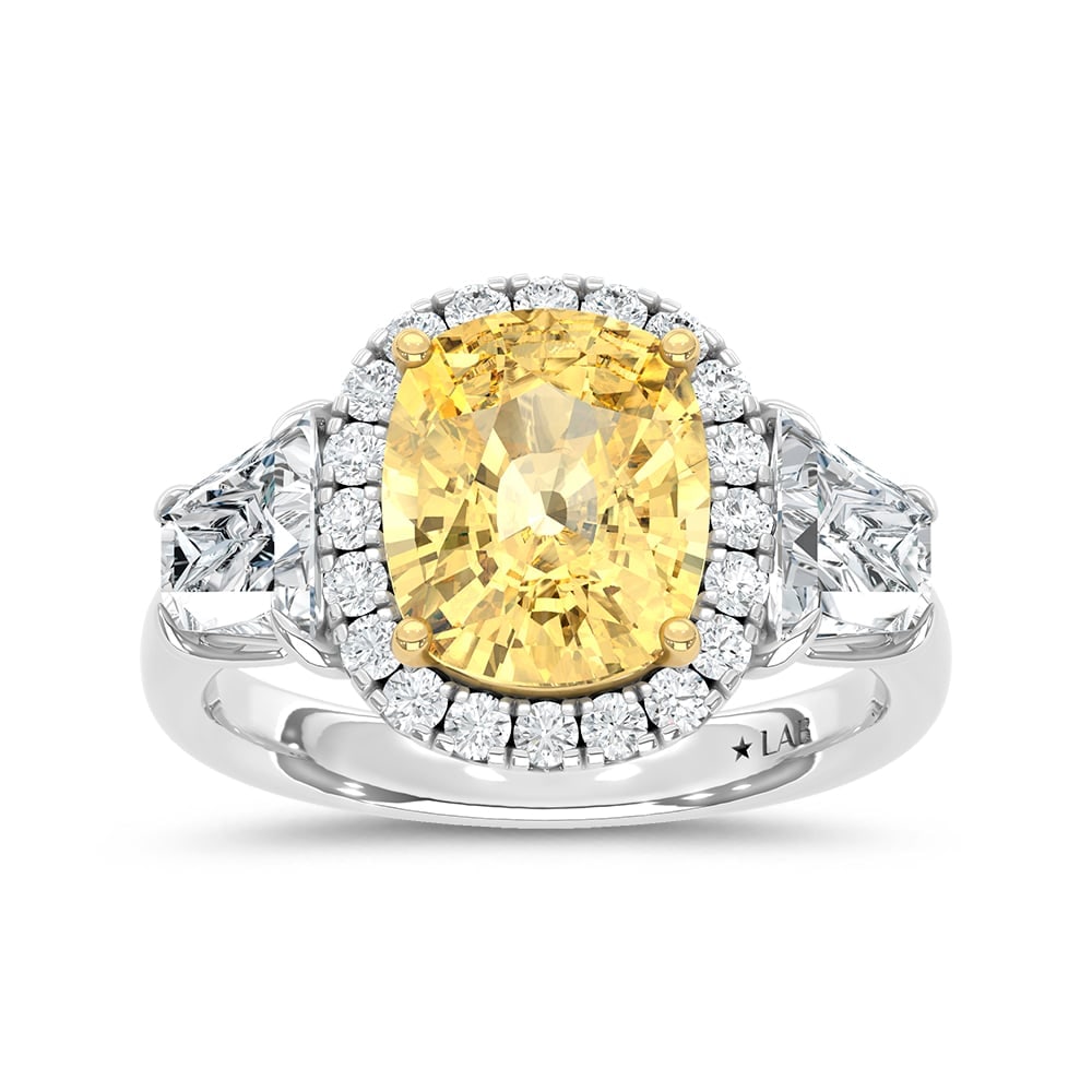 14K Two Tone Gold Lab Grown Diamond 6 Ct.Tw. Yellow Cushion Engagement Ring (Center 4ct): 14K Two Tone Gold Lab Grown Diamond 6 Ct.Tw. Yellow Cushion Engagement Ring (Center 4ct) Exude grandeur with this 14K Two-Tone Gold Engagement Ring, featuring a stunning 4-carat lab-grown yellow diamo