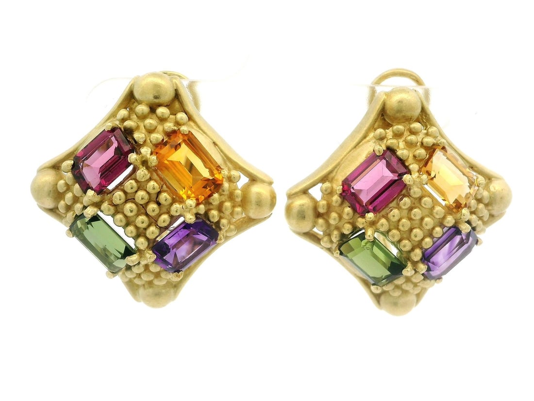 Designer 18k Yellow Gold Square Earrings with Multi Color Gemstones: Designer 18k Yellow Gold Square Earrings with Multi Color Gemstones Elevate your accessory collection with these stunning Designer 18k Yellow Gold Multi Color Gemstones Beaded Square Earrings. Crafted