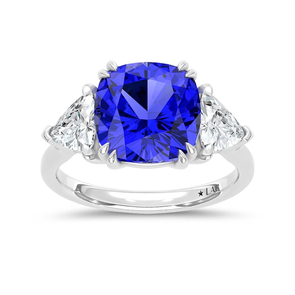 14K White Gold Lab Grown Diamond 7 1/5 Ct.Tw. Cushion Shape Recrystalized Blue Sapphire Engagement: 14K White Gold Lab Grown Diamond 7 1/5 Ct.Tw. Cushion Shape Recrystalized Blue Sapphire Engagement Ring (Center 5 3/4 ct) Make a statement of elegance with this 14K white gold engagement ring, featuri