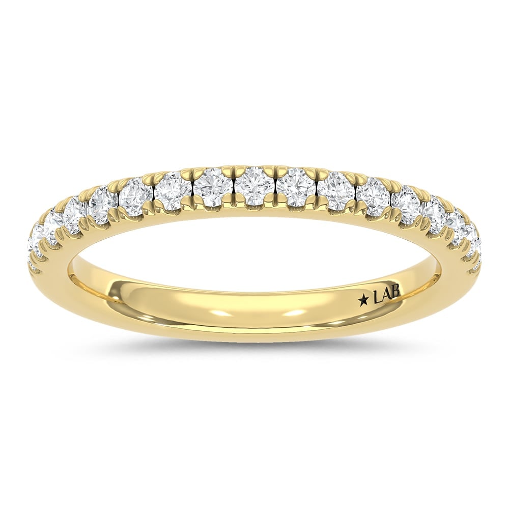 14K Yellow Gold Lab Grown Diamond 3/8 Ct.Tw. Wedding Band: 14K Yellow Gold Lab Grown Diamond 3/8 Ct.Tw. Wedding Band This 14K Yellow Gold Anniversary Band, adorned with 3/8 Ct.Tw. of Lab Grown Diamonds, is a symbol of refined sophistication. The classic Yello