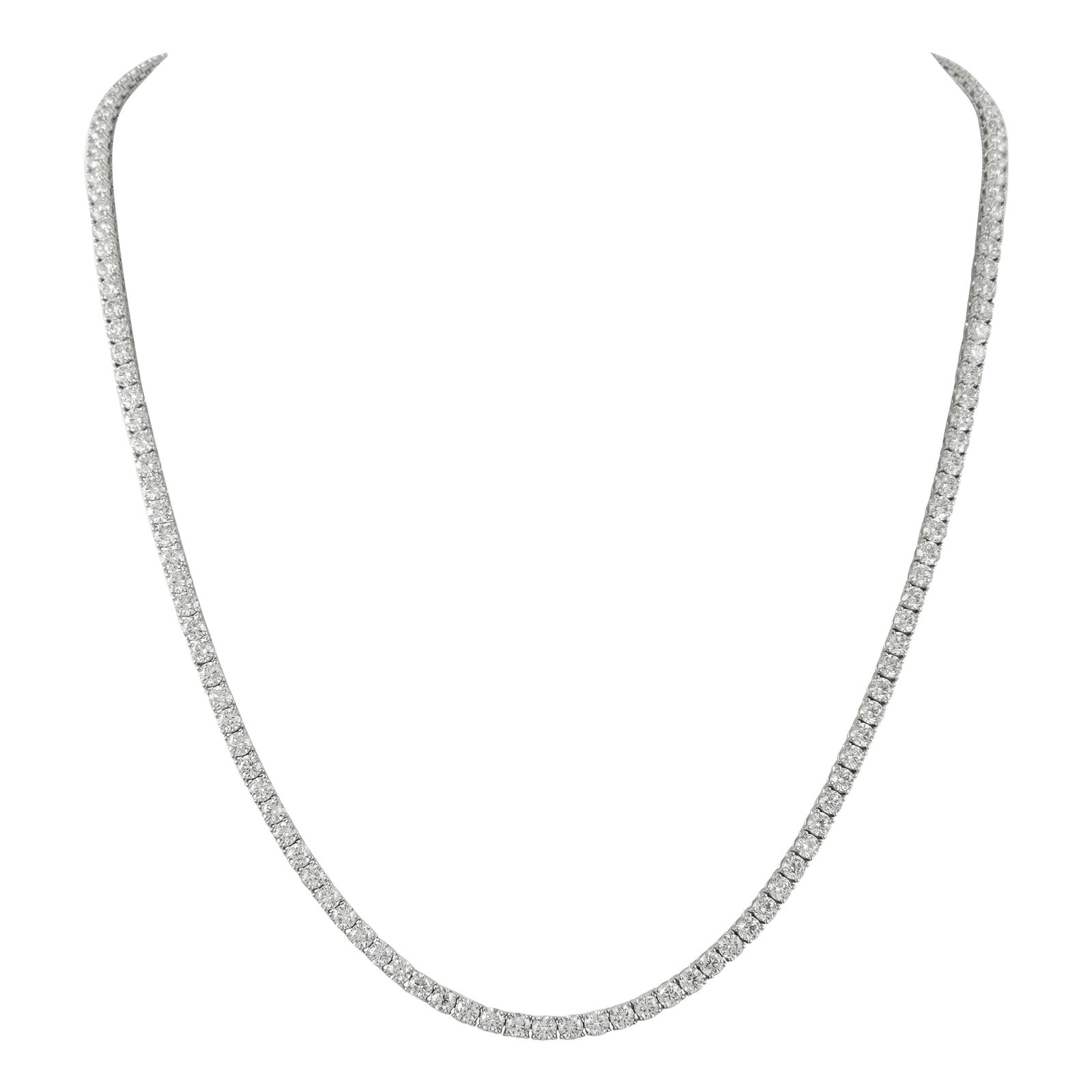 35.55ct Diamond Tennis Necklace 18k White Gold GIA Appraisal: 35.55ct Diamond Tennis Necklace 18k White Gold GIA Appraisal This stunning 35.55 carat diamond tennis necklace is crafted from 18k white gold, showcasing a contemporary style that exudes elegance. Fea
