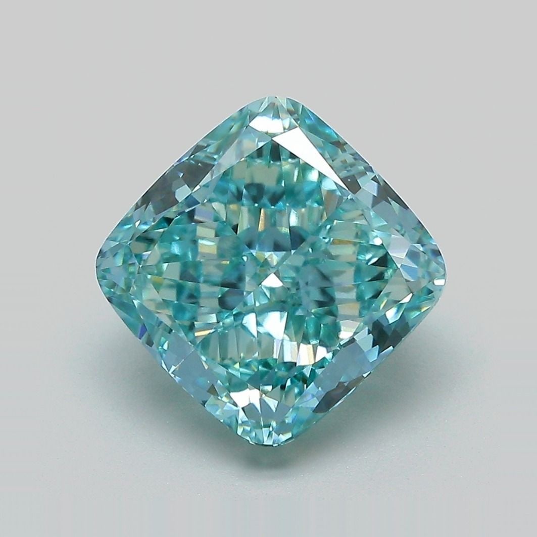 Loose Diamond - CUSHION MODIFIED 5.05ct Fancy Intense Blueish Green VVS2: Loose Diamond - CUSHION MODIFIED 5.05ct Fancy Intense Blueish Green VVS2 Source: This is a real non-mined Diamond that has been grown in a lab Shape: CUSHION MODIFIED Carats: 5.05 Color: Fancy Intense