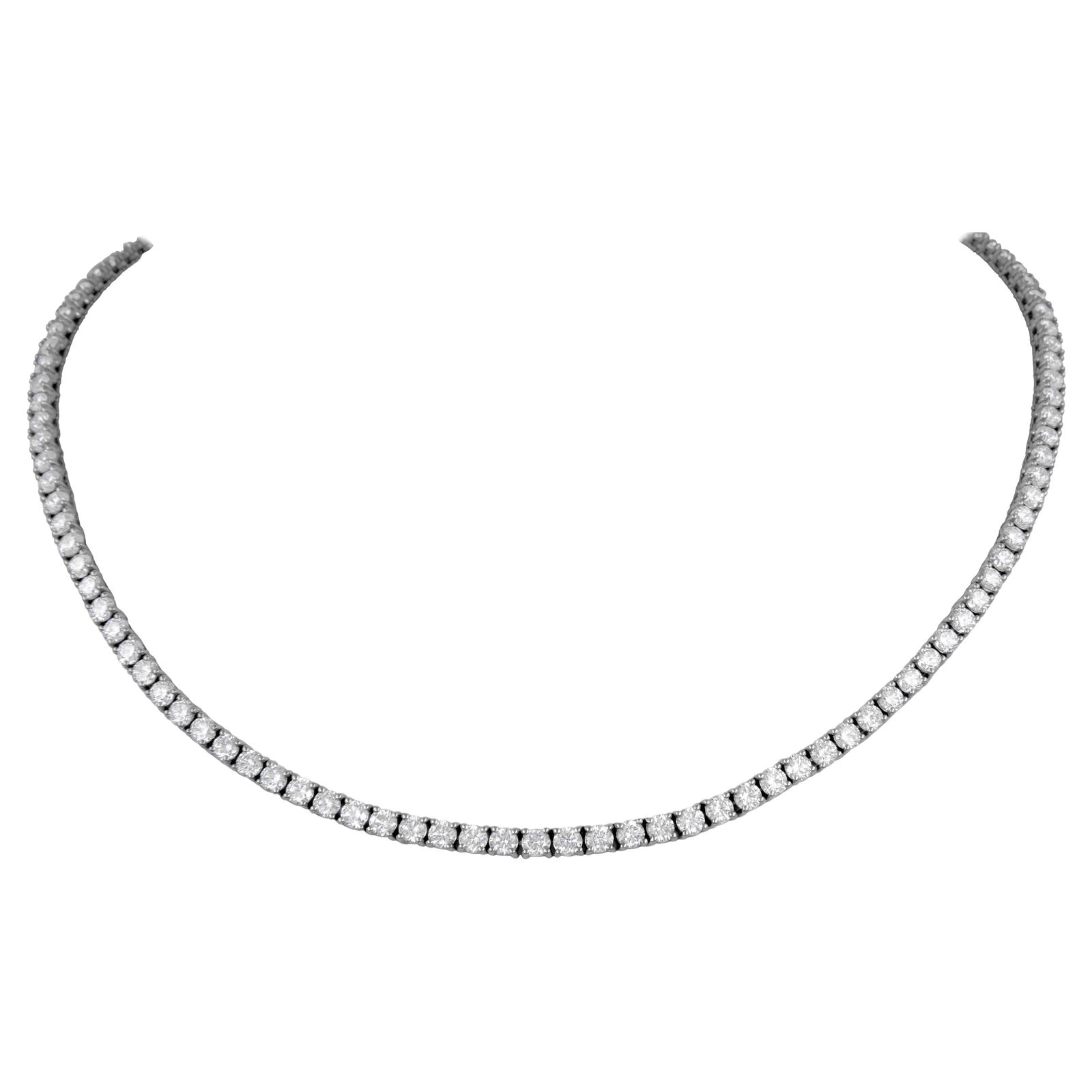 11.20ct Diamond Tennis Necklace 18k White Gold 15.5in GIA Appraisal: 11.20ct Diamond Tennis Necklace 18k White Gold 15.5in GIA Appraisal This stunning diamond tennis necklace features a total weight of 11.20 carats, showcasing 93 round brilliant diamonds with approxima