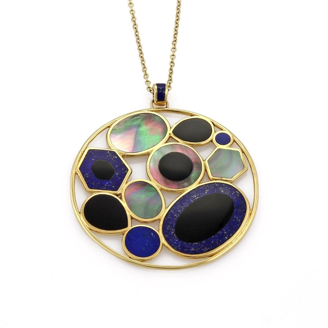 Ippolita Rock Candy 18k Gold Pendant Necklace with Mother of Pearl Onyx Lapis: Ippolita Rock Candy 18k Gold Pendant Necklace with Mother of Pearl Onyx Lapis This stunning large pendant and long chain necklace is an authentic piece from Ippolita's Rock Candy collection. Crafted f