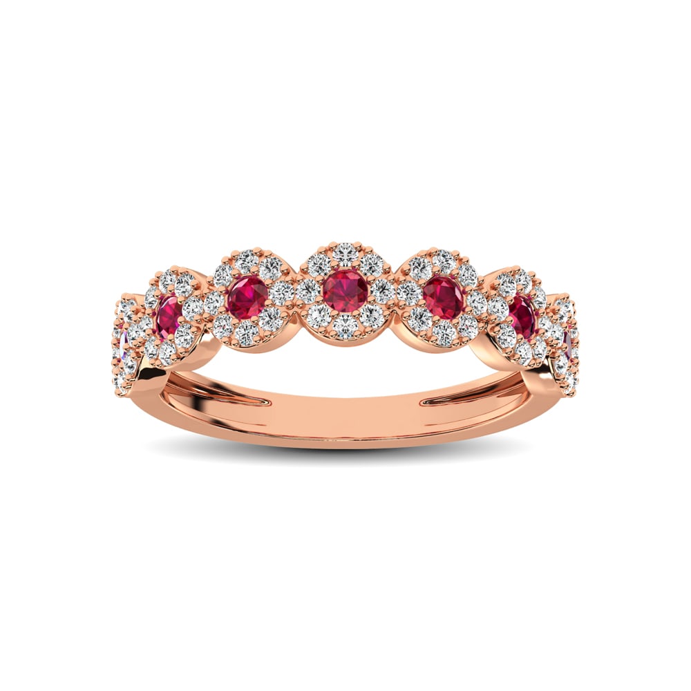 14K Rose Gold 5/8 Ct.Tw. Diamond & Ruby Stackable Band: 14K Rose Gold 5/8 Ct.Tw. Diamond & Ruby Stackable Band This stunning ring is available in 14K Rose Gold. There are 63 round diamonda and ruby set with a total carat weight of 5/8 Ct.Tw. set in a Prong