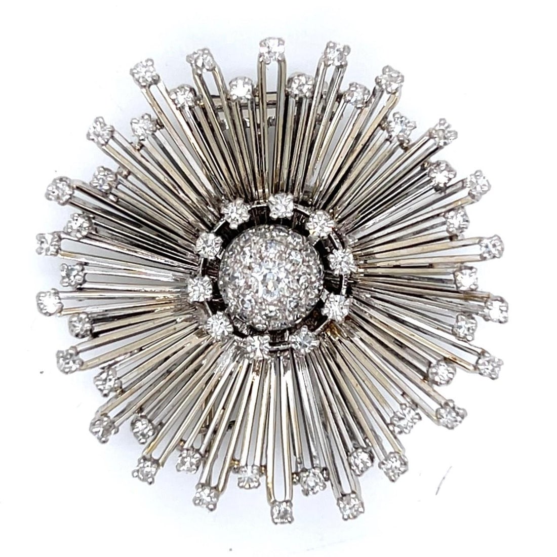 Art Deco Platinum 3.50 Ct Diamond Starburst Brooch: Art Deco Platinum 3.50 Ct Diamond Starburst Brooch This exquisite Art Deco brooch features a stunning starburst design, crafted in platinum and adorned with approximately 3.50 carats of diamonds. The