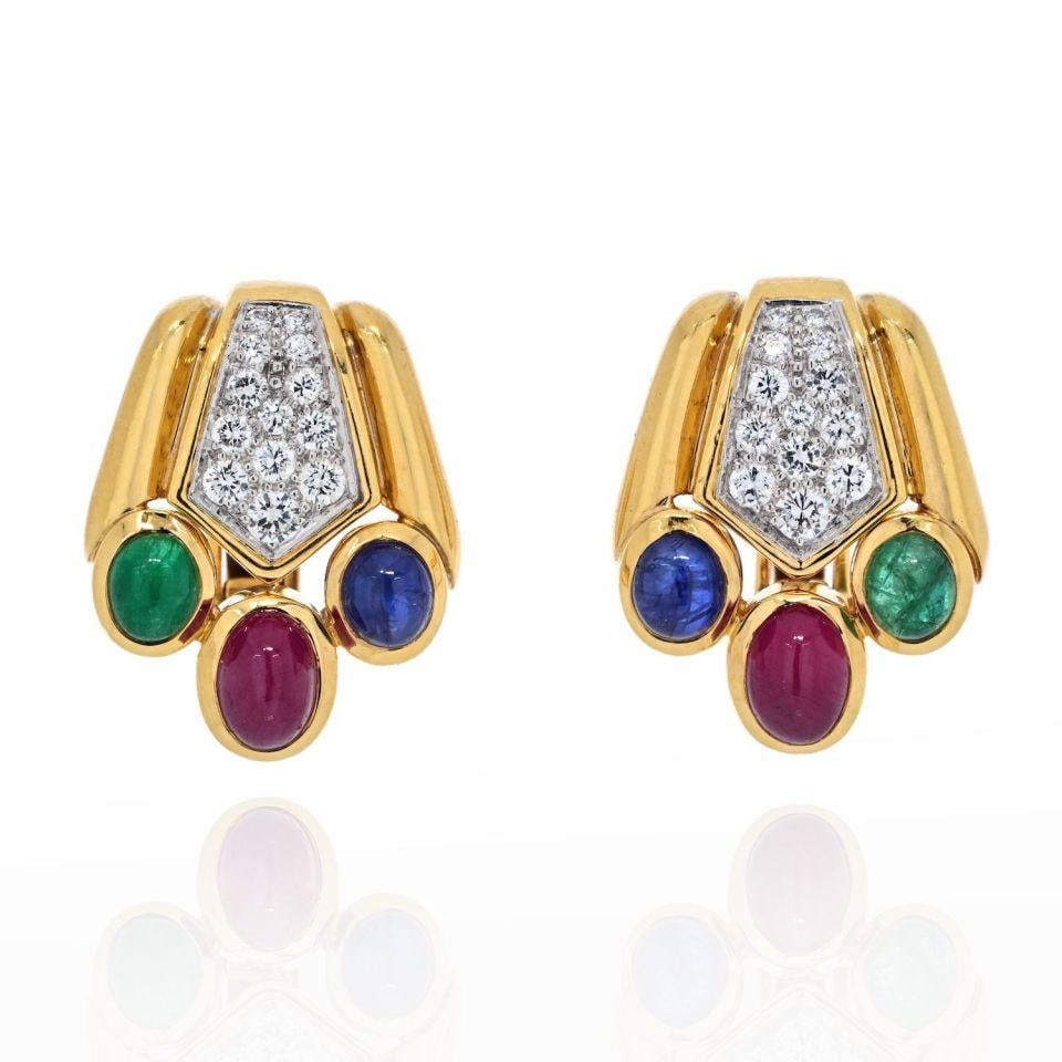 David Webb Bear Paw Earrings with Cabochon Sapphires Emeralds Rubies: David Webb Bear Paw Earrings with Cabochon Sapphires Emeralds Rubies Showcasing a stunning design, these David Webb earrings feature a captivating bear paw motif adorned with cabochon sapphires, emera