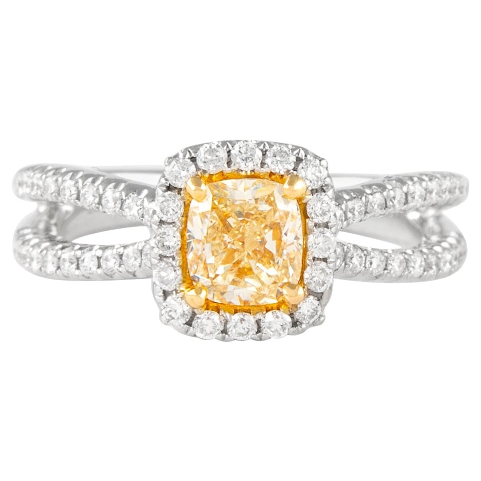 1.51ct Fancy Yellow VS2 Diamond Halo Ring 18k Gold: 1.51ct Fancy Yellow VS2 Diamond Halo Ring 18k Gold This exquisite ring features a stunning 1.51 carat EGL certified Fancy Yellow VS2 diamond, elegantly set within a halo of 76 round brilliant diamonds
