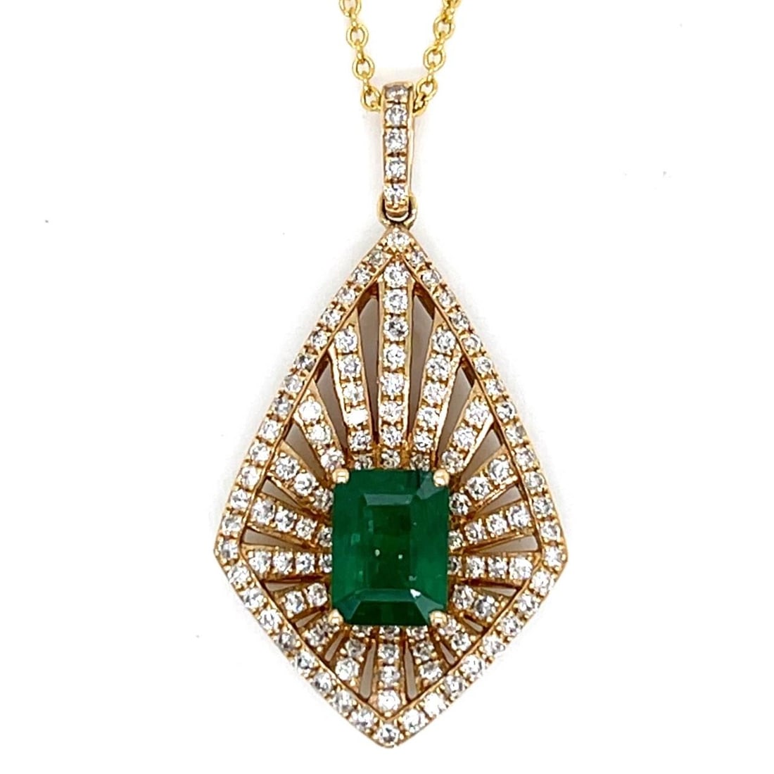 Emerald and Diamond Necklace in 14K Yellow Gold by EFFY: Emerald and Diamond Necklace in 14K Yellow Gold by EFFY This necklace features a 14K yellow gold setting adorned with an approximately 1.25 carat emerald and approximately 1.25 carats of diamonds with