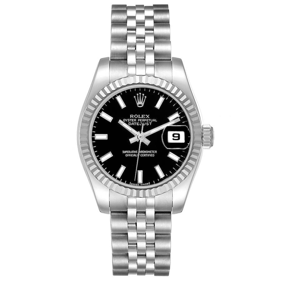 Ladies Rolex Datejust 179174 Black Stick Dial D-Link Jubilee Bracelet: Ladies Rolex Datejust 179174 Black Stick Dial D-Link Jubilee Bracelet This ladies Rolex Datejust features a black stick dial, a fluted bezel, and is paired with a D-Link Jubilee bracelet. The watch is