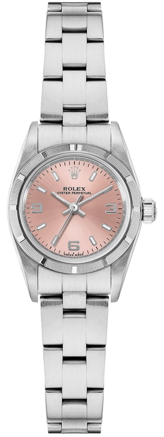 Ladies Oyster Perpetual Wristwatch Pink Face Reference 76030: Ladies Oyster Perpetual Wristwatch Pink Face Reference 76030 This Rolex Oyster Perpetual features a pink dial and an Oyster bracelet, designed specifically for ladies. The watch includes an engine-tur
