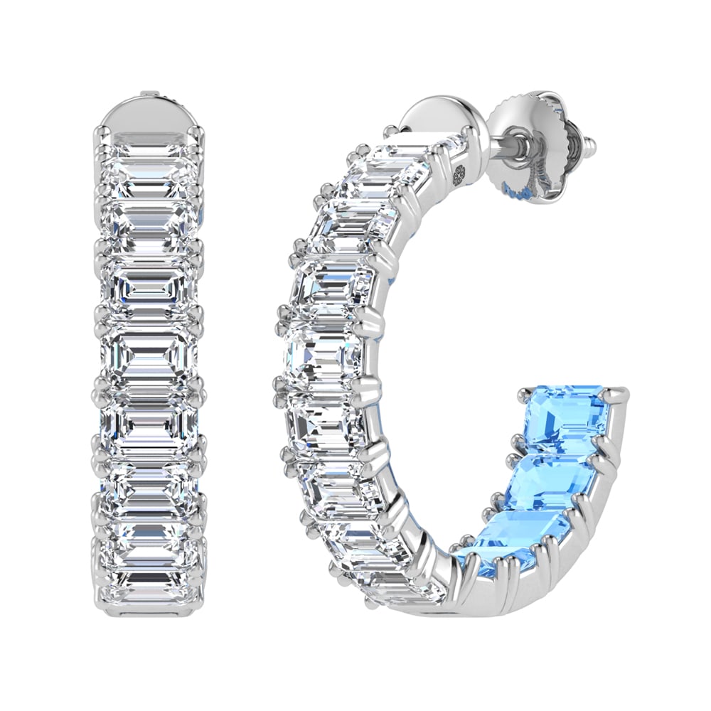 14K White Gold Lab Grown 5 5/8 Ct.Tw. Outside White and Inside Blue Emerald Hoop Earrings: 14K White Gold Lab Grown 5 5/8 Ct.Tw. Outside White and Inside Blue Emerald Hoop Earrings Designed in polished 14K white gold, these emerald-cut hoops feature 5 5/8 Ct.Tw. of lab grown diamonds with c