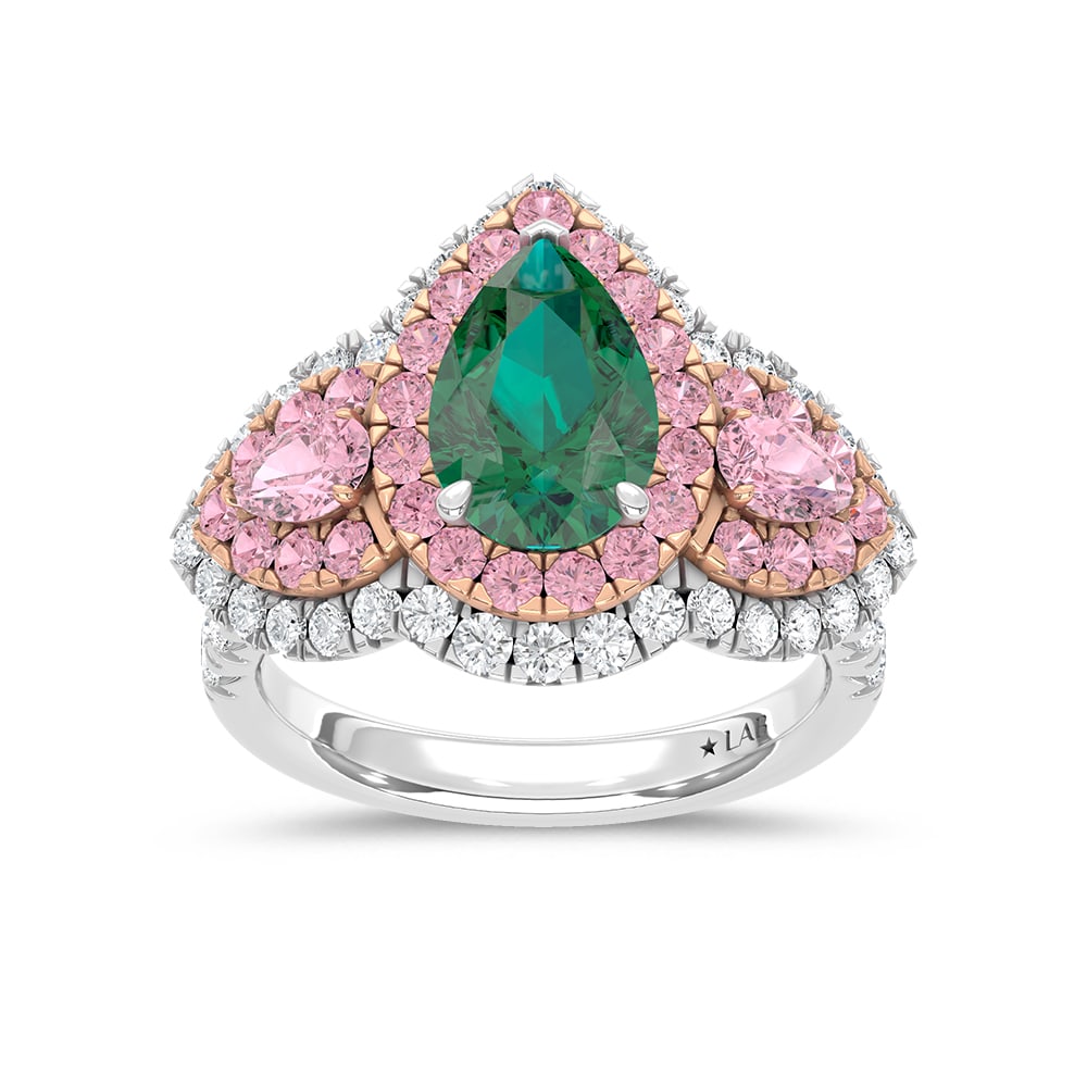 14K Three Tone Lab Grown Diamond 4 1/6 Ct.Tw. Green Pear Engagement Ring (Center 2 ct): 14K Three Tone Lab Grown Diamond 4 1/6 Ct.Tw. Green Pear Engagement Ring (Center 2 ct) Exude sophistication with this 14K Two-Tone Gold Engagement Ring, featuring a dazzling 2-carat lab-grown green pe