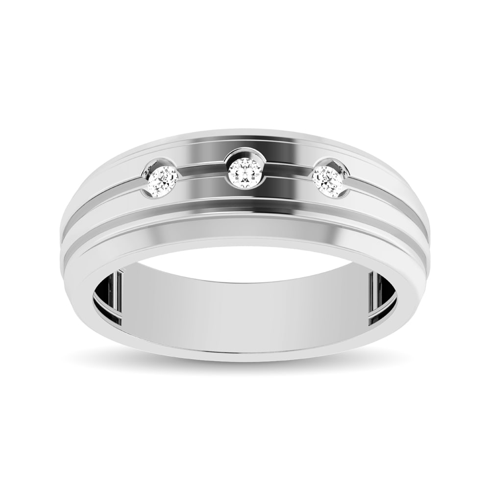 14K White Gold 1/10 Ct.tw Round Cut Diamond Mens Band: 14K White Gold 1/10 Ct.tw Round Cut Diamond Mens Band This stunning Men?s band is available in 14K White Gold. There are 3 round diamonds with a total carat weight of 1/10 Ct.Tw. set in a channel sett