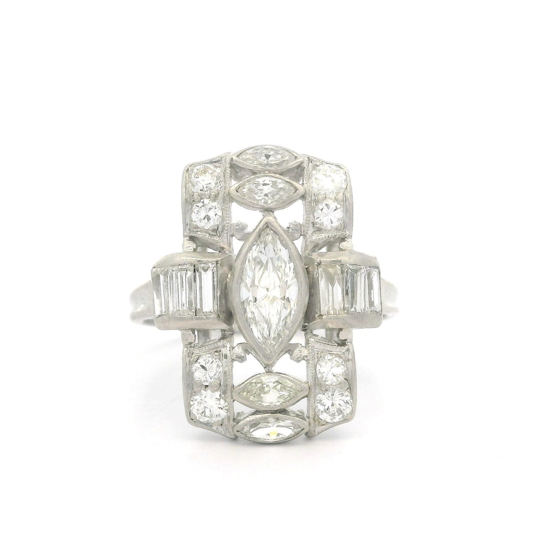 Antique Art Deco Platinum Diamond Ring 1.30ct Marquise Baguette Round: Antique Art Deco Platinum Diamond Ring 1.30ct Marquise Baguette Round This exquisite Antique Art Deco Platinum Dinner Ring showcases an elegant cocktail style, featuring a stunning combination of diam