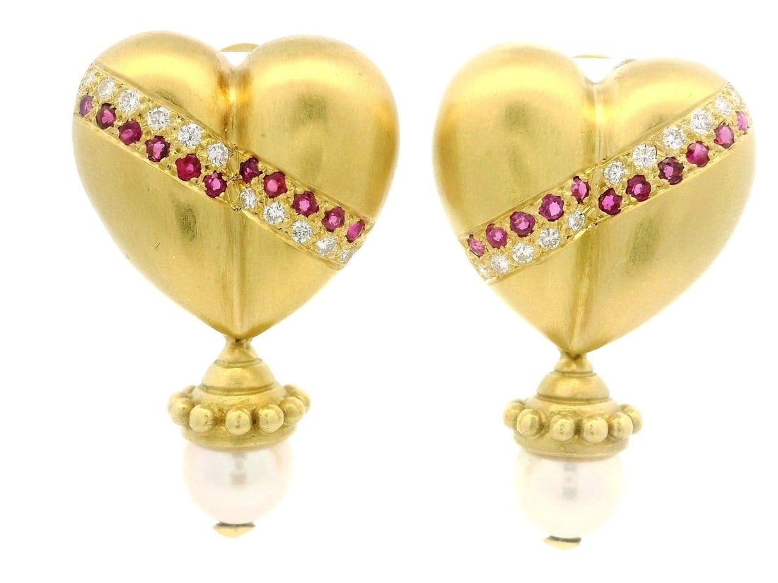 18k Yellow Gold Ruby Diamond Pearl Heart Drop Stud Earrings: 18k Yellow Gold Ruby Diamond Pearl Heart Drop Stud Earrings Adorn your ears with these stunning 18k Yellow Gold Diamond Ruby Pearl Puffed Heart Earrings, versatile enough to be worn as stud earrings o
