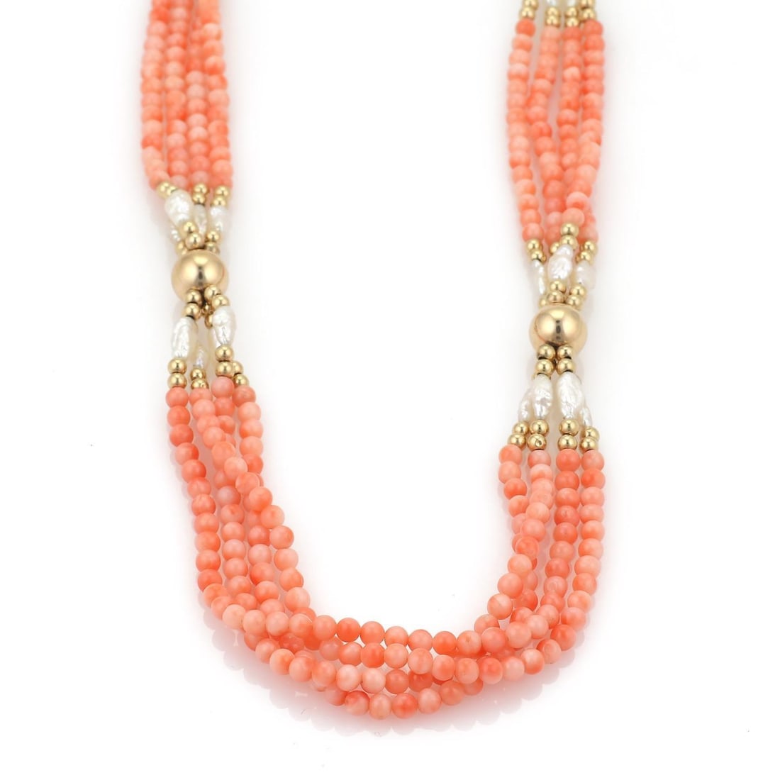 14k Yellow Gold Multi-Strand Coral and Rice Pearl Necklace: 14k Yellow Gold Multi-Strand Coral and Rice Pearl Necklace This exquisite vintage necklace features four strands of beautiful salmon-colored coral beads, enhanced by small gold beads and delicate fres