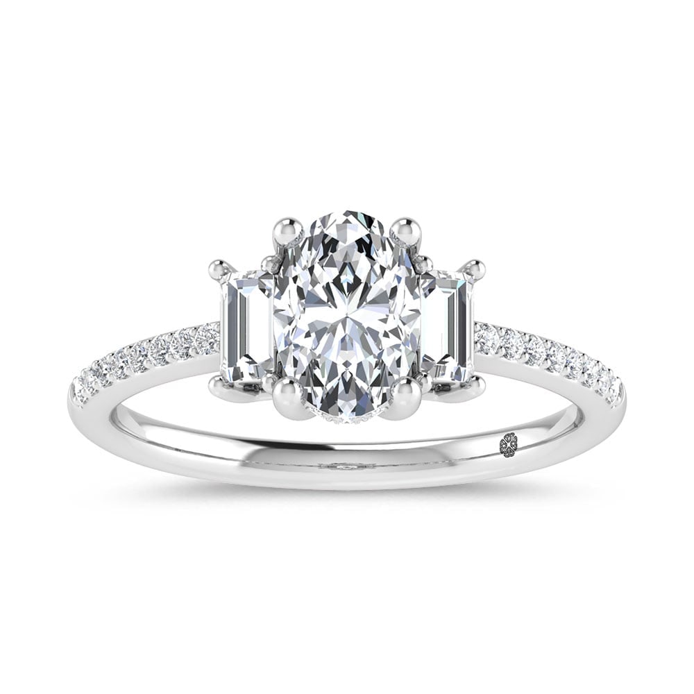 14K White Gold 1 1/4 Ct.Tw. Lab Grown Diamond Three Stone Engagement Ring: 14K White Gold 1 1/4 Ct.Tw. Lab Grown Diamond Three Stone Engagement Ring This stunning three-stone ring features a sparkling 1 CT Oval Center diamond with two shimmering side diamonds, symbolizing pa