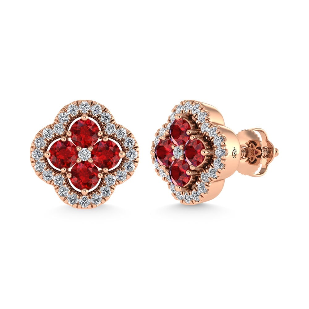14K Rose Gold Diamond 7/8 Ct.Tw. and Ruby Clover Earrings (1 of 3)