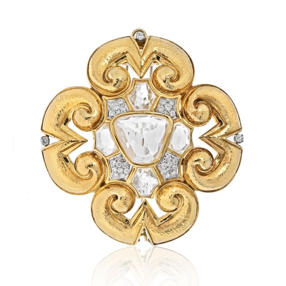David Webb Rock Crystal Maltese Cross Pendant Brooch in Platinum and 18K Yellow Gold: David Webb Rock Crystal Maltese Cross Pendant Brooch in Platinum and 18K Yellow Gold This stunning brooch from David Webb features a bold and unique oversized Maltese cross design crafted from a combi