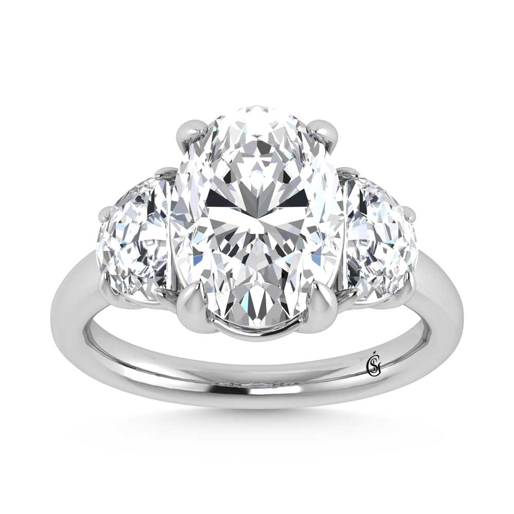 14K White Gold Lab Grown Diamond 4 3/4 Ct.Tw. Oval Shape Three Stone Engagement Ring: 14K White Gold Lab Grown Diamond 4 3/4 Ct.Tw. Oval Shape Three Stone Engagement Ring This stunning three-stone ring features a sparkling 4 CT Oval Center diamond with two shimmering side diamonds, sym