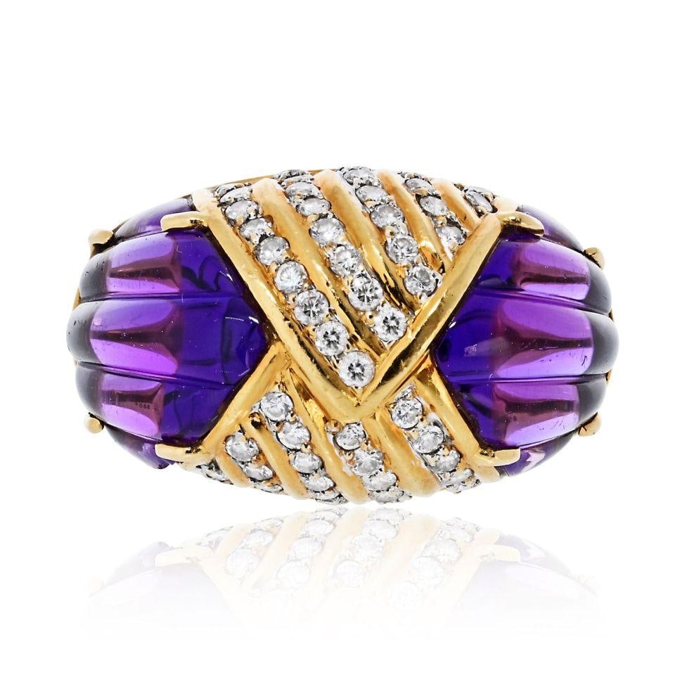 Estate 18K Yellow Gold Amethyst Diamond Cocktail Ring: Estate 18K Yellow Gold Amethyst Diamond Cocktail Ring This exquisite 18K Yellow Gold Amethyst and Diamond Ring is a stunning piece that combines elegance and sophistication. Crafted from 18K yellow go
