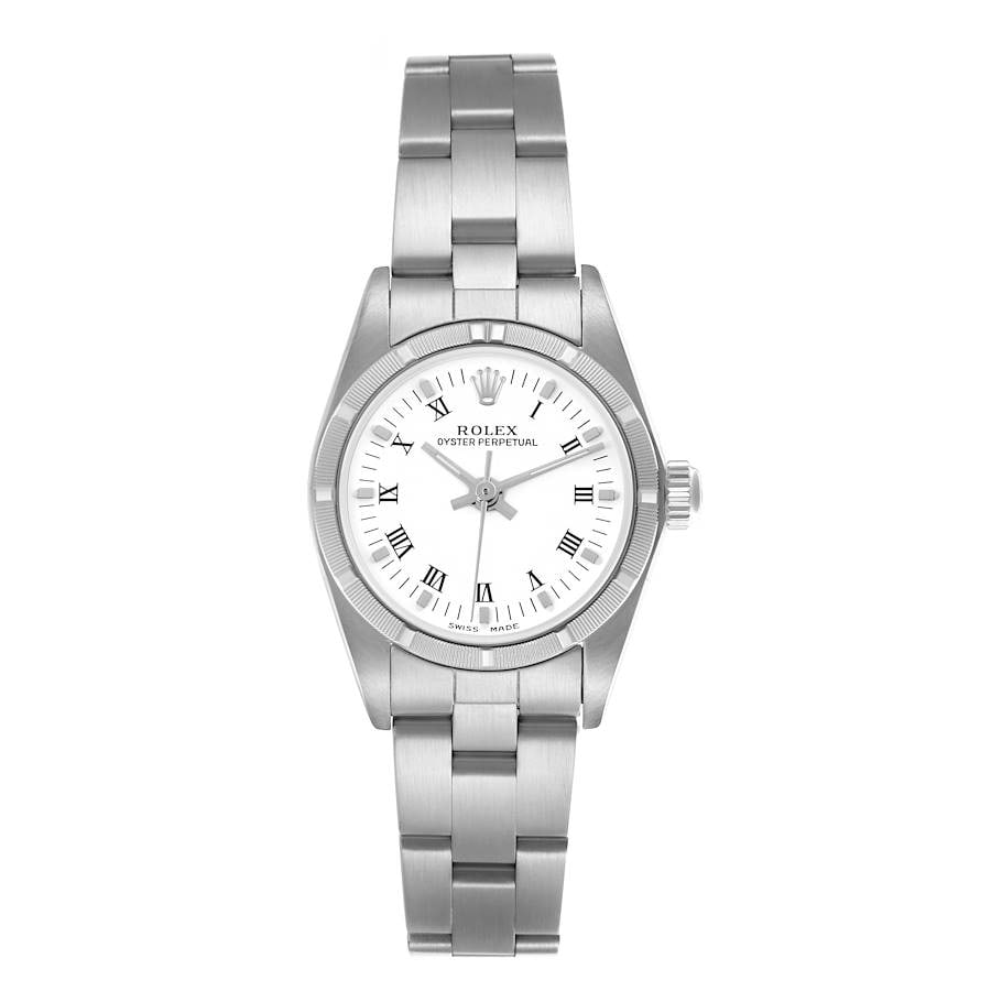Ladies Oyster Perpetual Ref 76030 White Roman Dial Wristwatch: Ladies Oyster Perpetual Ref 76030 White Roman Dial Wristwatch This ladies' Rolex Oyster Perpetual features a distinctive white Roman numeral dial set within an engine-turned bezel. The watch is equipp