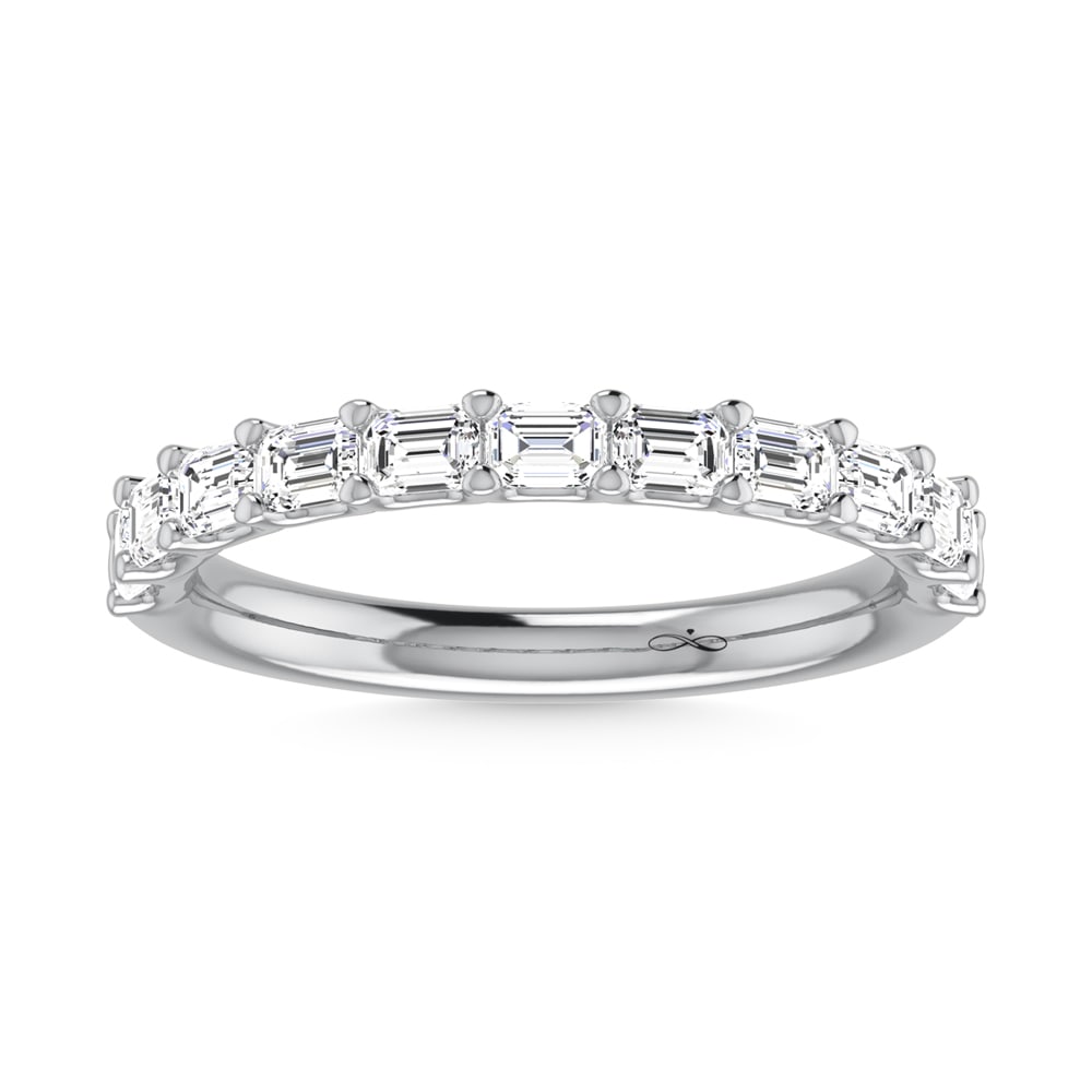 14K White Gold Lab Grown Diamond 7/8 Ct.Tw. Emerald Shape Half Way East West Eternity Band: 14K White Gold Lab Grown Diamond 7/8 Ct.Tw. Emerald Shape Half Way East West Eternity Band Indulge in refined elegance with this 14K White Gold East-West Halfway Eternity Band, featuring 7/8 Ct.Tw. of