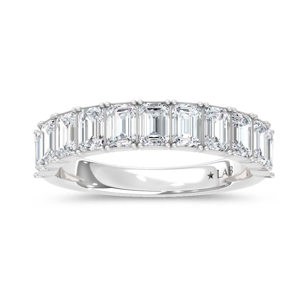 14K White Gold Lab Grown Diamond Emerald Cut Shape 3 Ct.Tw. Half Way Band: 14K White Gold Lab Grown Diamond Emerald Cut Shape 3 Ct.Tw. Half Way Band This luxurious 14K White Gold Band, featuring 3 Ct.Tw. of Emerald Cut Lab Grown Diamonds, is a dazzling testament to timeless