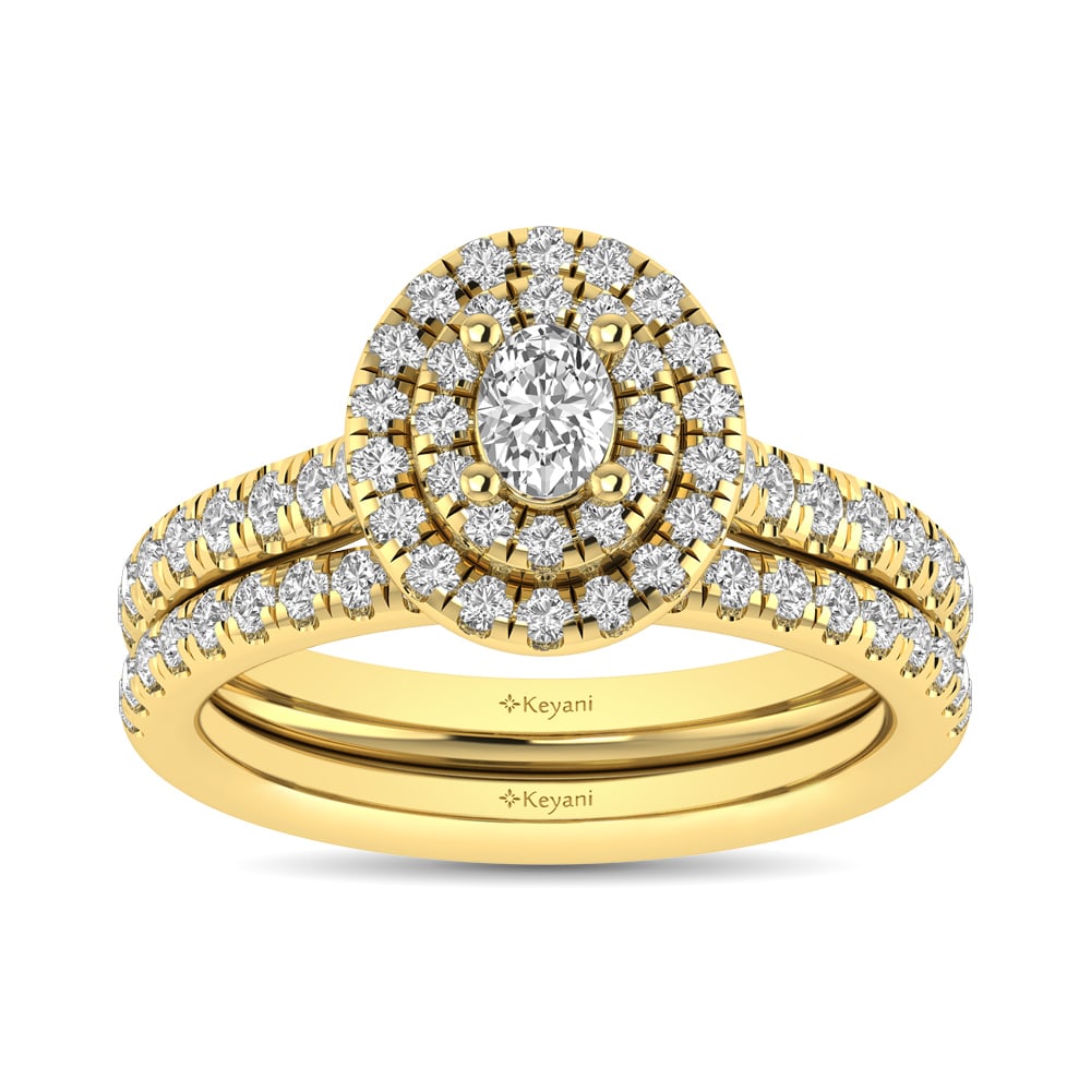Diamond Classic Shank Double Halo Bridal Ring 1 Ct.tw Oval Cut in 14K Yellow Gold: Diamond Classic Shank Double Halo Bridal Ring 1 Ct.tw Oval Cut in 14K Yellow Gold This classic shank Double Halo Bridal Ring set with Oval Cut diamond 1/4 Ct.Tw. center. Total diamond weight 1 Ct.Tw.
