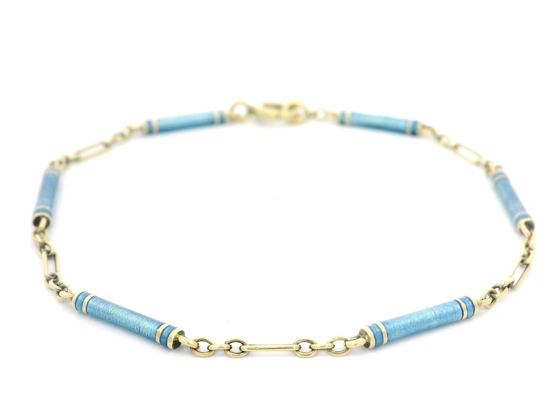 Antique 14k Yellow Gold Blue Enamel Bar Link Charm Bracelet: Antique 14k Yellow Gold Blue Enamel Bar Link Charm Bracelet This exquisite antique bracelet features a charming design crafted from 14k yellow gold and enhanced with vibrant blue enamel. The bracelet