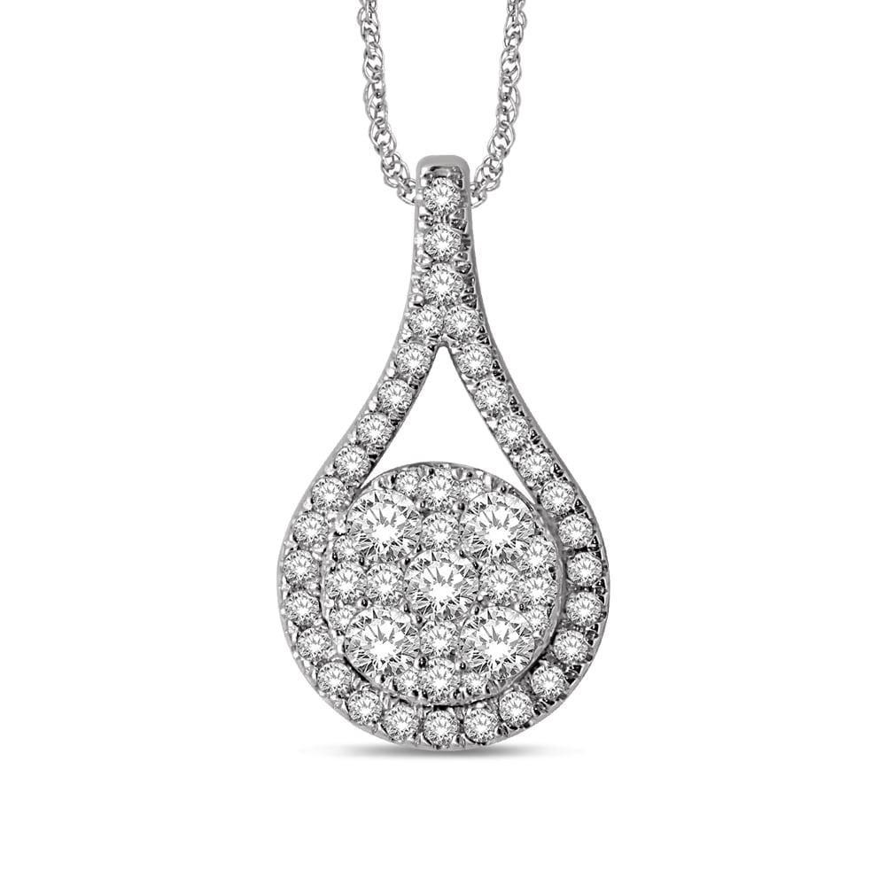 14K White Gold 3/4 Ct.tw Diamond Fashion Pendant: 14K White Gold 3/4 Ct.tw Diamond Fashion Pendant This lovely 14K white gold Tear drop shape necklace features a cluster of round diamonds that surrounded by additional diamonds, bringing the total dia
