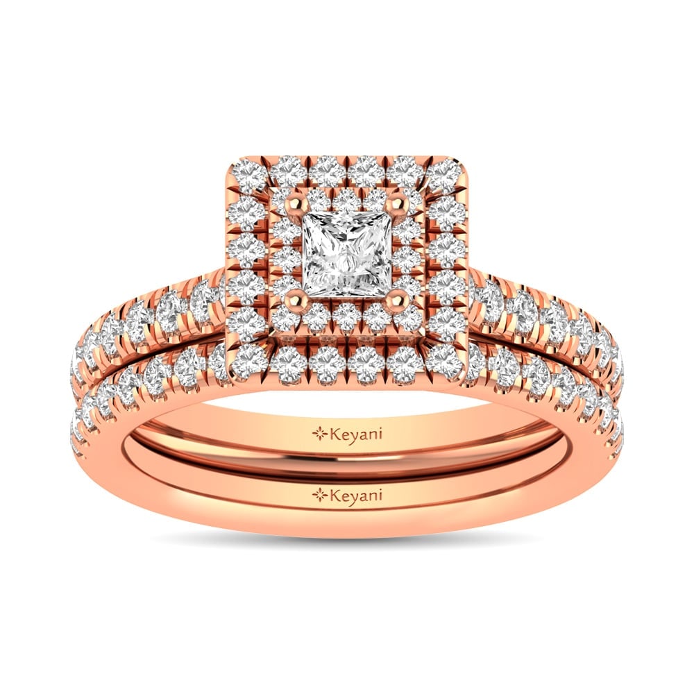 Diamond Classic Shank Double Halo Bridal Ring 1 Ct.tw Princess Cut in 14K Rose Gold: Diamond Classic Shank Double Halo Bridal Ring 1 Ct.tw Princess Cut in 14K Rose Gold This classic shank Double Halo Bridal Ring set with Princess Cut diamond 1/4 Ct.Tw. center. Total diamond weight 1 C