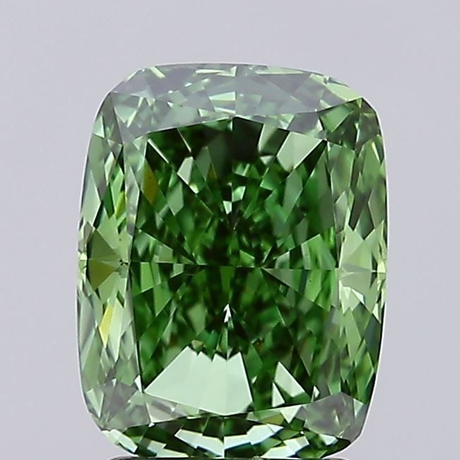 Loose Diamond - CUSHION MODIFIED 2.14ct Fancy Vivid Green VS1: Loose Diamond - CUSHION MODIFIED 2.14ct Fancy Vivid Green VS1 Source: This is a real non-mined Diamond that has been grown in a lab Shape: CUSHION MODIFIED Carats: 2.14 Color: Fancy Vivid Green Certif