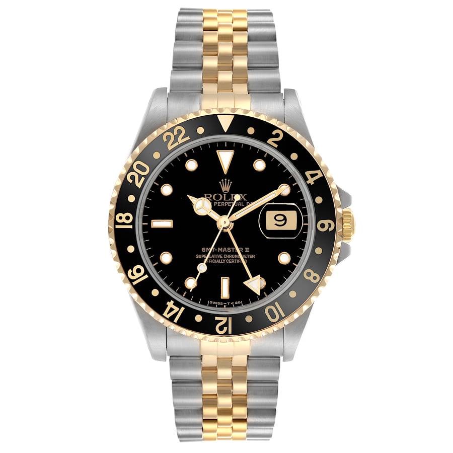 GMT-Master II Reference 16713 Black Dial Jubilee Bracelet Watch: GMT-Master II Reference 16713 Black Dial Jubilee Bracelet Watch This Rolex GMT-Master II features a black dial and a rotating bezel, complemented by a Jubilee bracelet. The watch is designed for men a