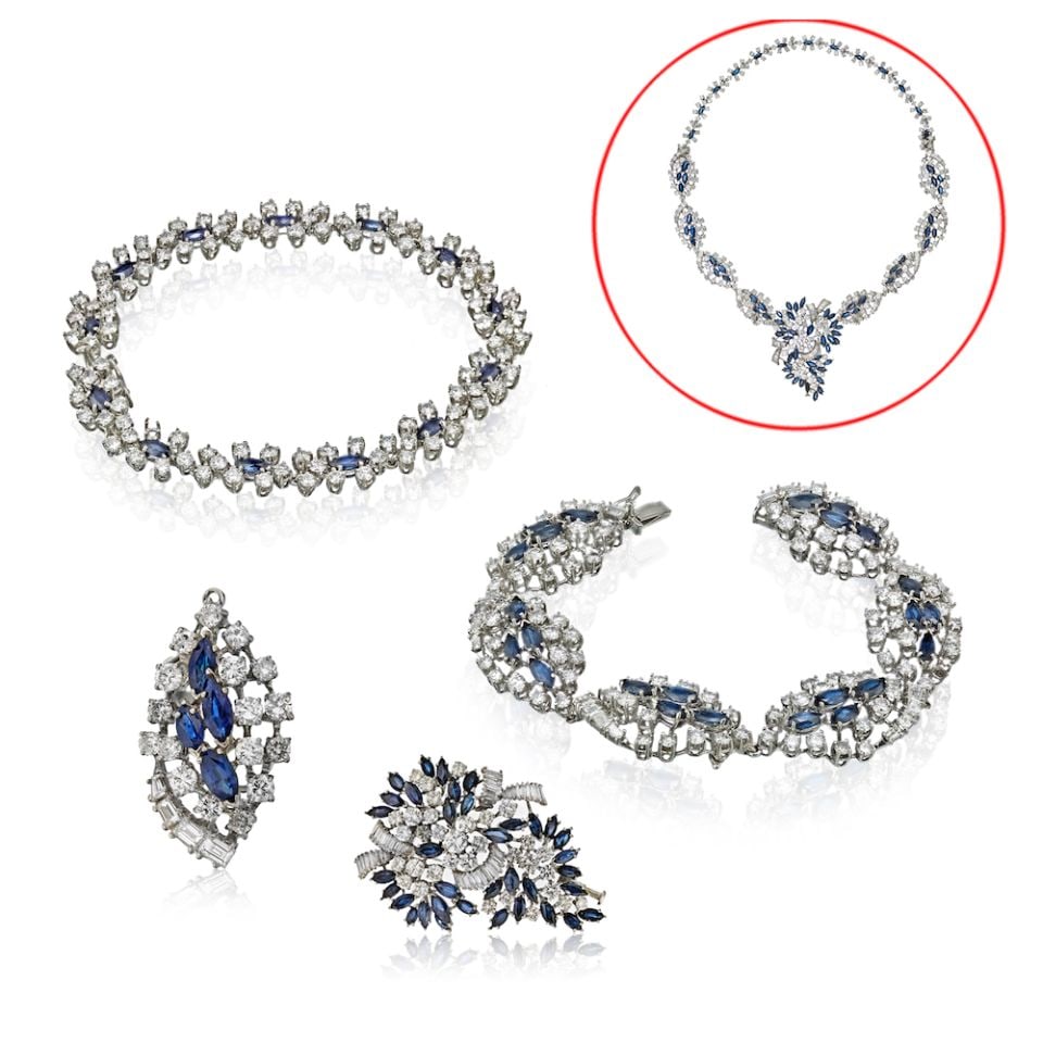 18K White Gold Convertible Necklace Set with Sapphire and Diamonds: 18K White Gold Convertible Necklace Set with Sapphire and Diamonds This exquisite 18K White Gold Sapphire and Diamond Convertible Necklace Jewelry Set is a unique addition to your collection. Crafted