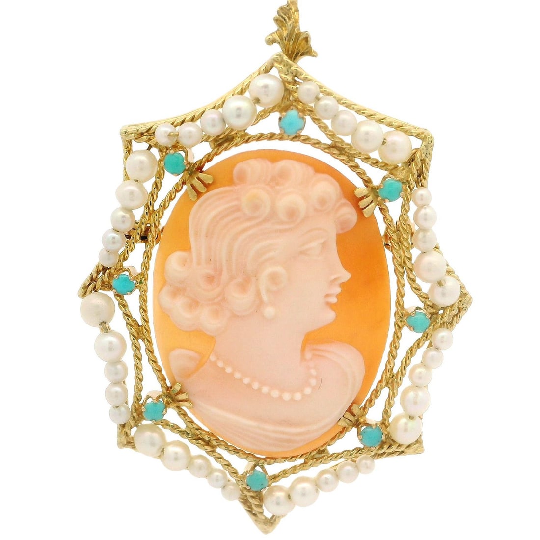 Vintage 18k Yellow Gold Cameo Brooch with Pearls and Turquoise: Vintage 18k Yellow Gold Cameo Brooch with Pearls and Turquoise This exquisite vintage pendant showcases an 18k yellow gold carved cameo adorned with pearls and turquoise, making it a stunning addition